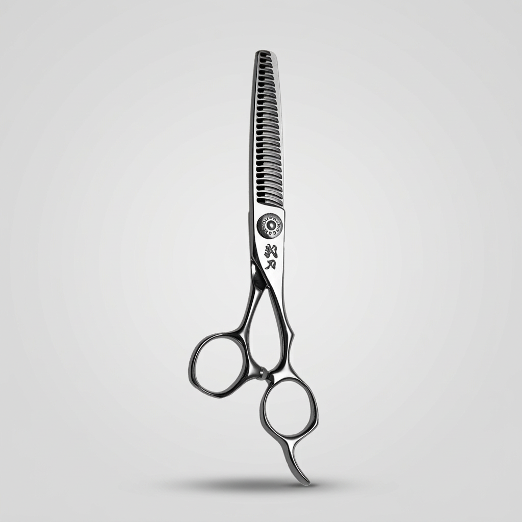 Green Mouse Butoh Texturizing Scissor 25 Tooth on a grey studio background