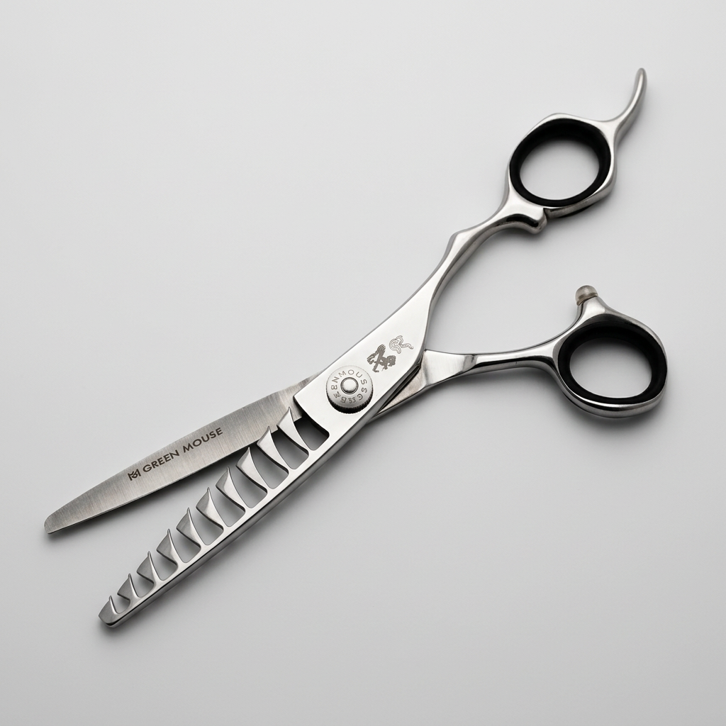 Green Mouse Butoh Texturizing Scissor 10 Tooth on a grey studio background