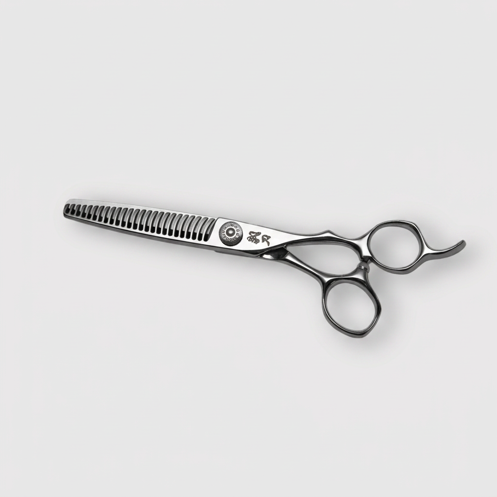 Green Mouse Butoh Texturizing Scissor 25 Tooth, closed on a grey studio background