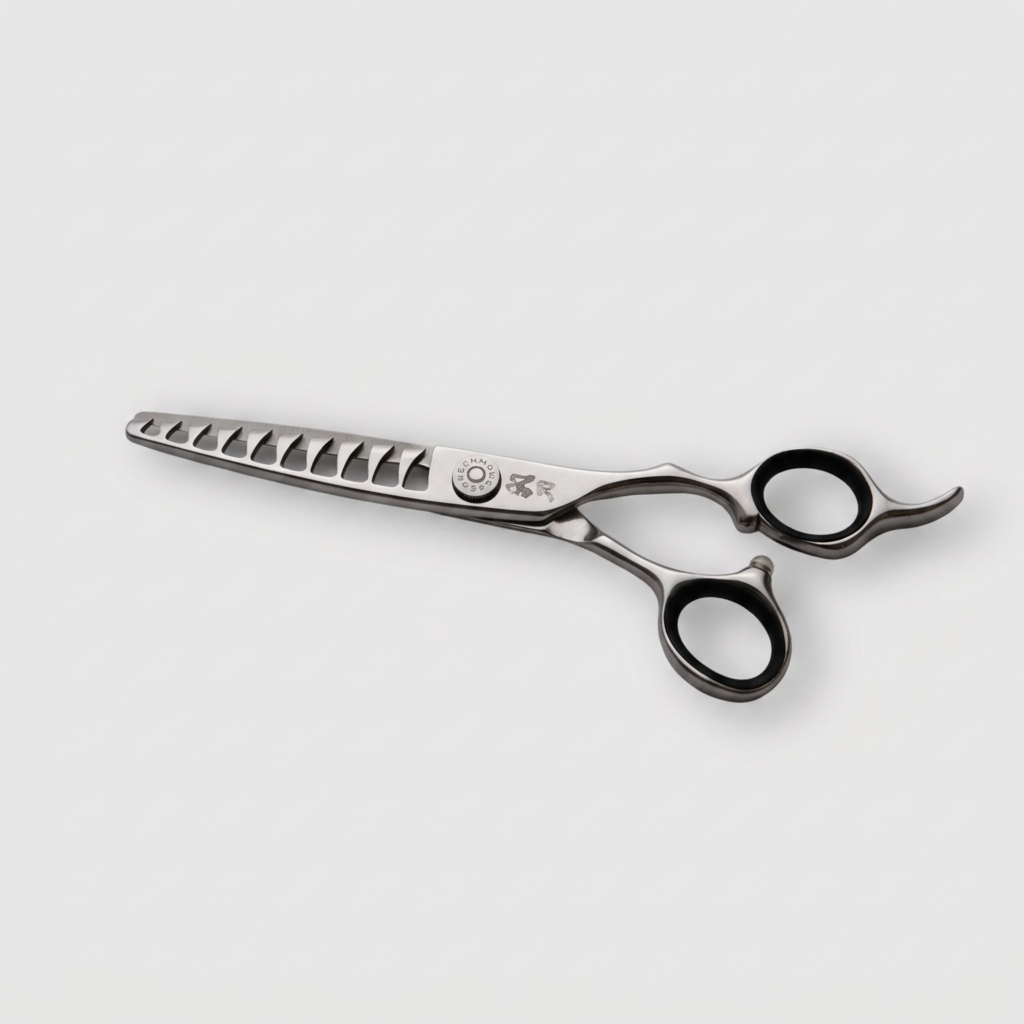 Green Mouse Butoh Texturizing Scissor 10 Tooth, closed on a grey studio background